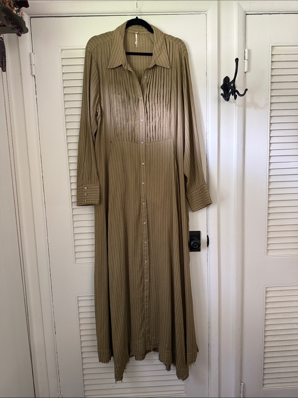 Free People Long Button-Front Shirt Dress in Olive-Tan with fray hem.